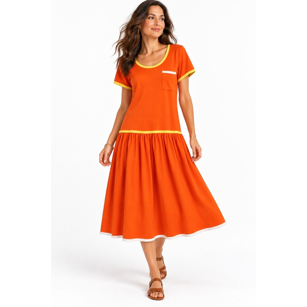 Outlander Vintage Orange Cotton Drop Waist Midi Dress Short Sleeve Yellow Trim L